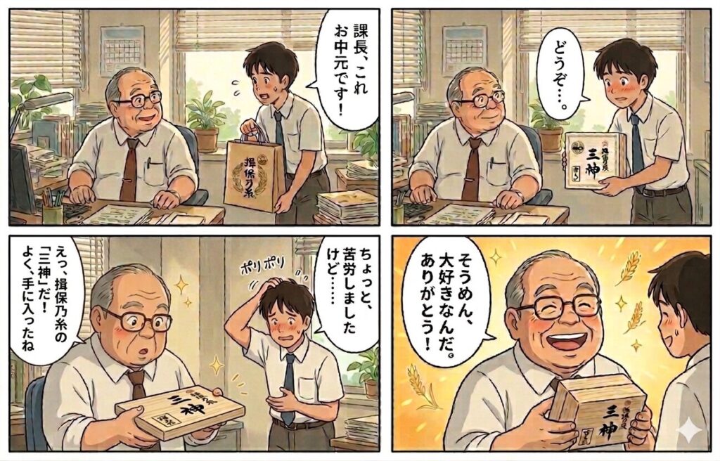 会社での一コマ
部下「課長、これお中元です！」
そういって、「揖保乃糸」ロゴの入った紙袋から幻のそうめん「三神」を手渡す。
課長「えっ、揖保乃糸の「三神」だ！」「よく、手に入ったね」
部下「ちょっと、苦労しましたけど…。」
そういって、恐縮しながら頭をかいている。
課長「そうめん、大好きなんだ。ありがとう！」
