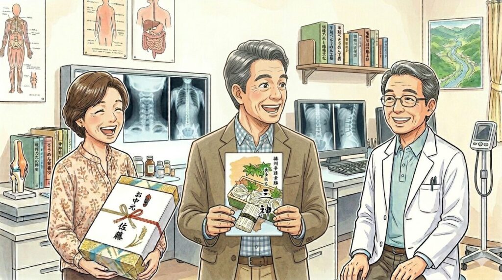 ５０代の中年男性の大手術をしてくれた病院での定期検査の日。執刀してくれた医師への感謝をこめて幻のそうめん揖保乃糸「三神」を夫婦で持参した。
診察室を訪れた５０代の中年男性とその妻。妻の手には、お中元としての『三神』の包み。診察室のデスク前には、患者のレントゲン写真。デスクの前の椅子に座っている医師は、温かい包容力のある笑顔で二人を迎えてくれた。手術後の経過も良好で、診察室は明るいみんなの笑顔であふれてる。
